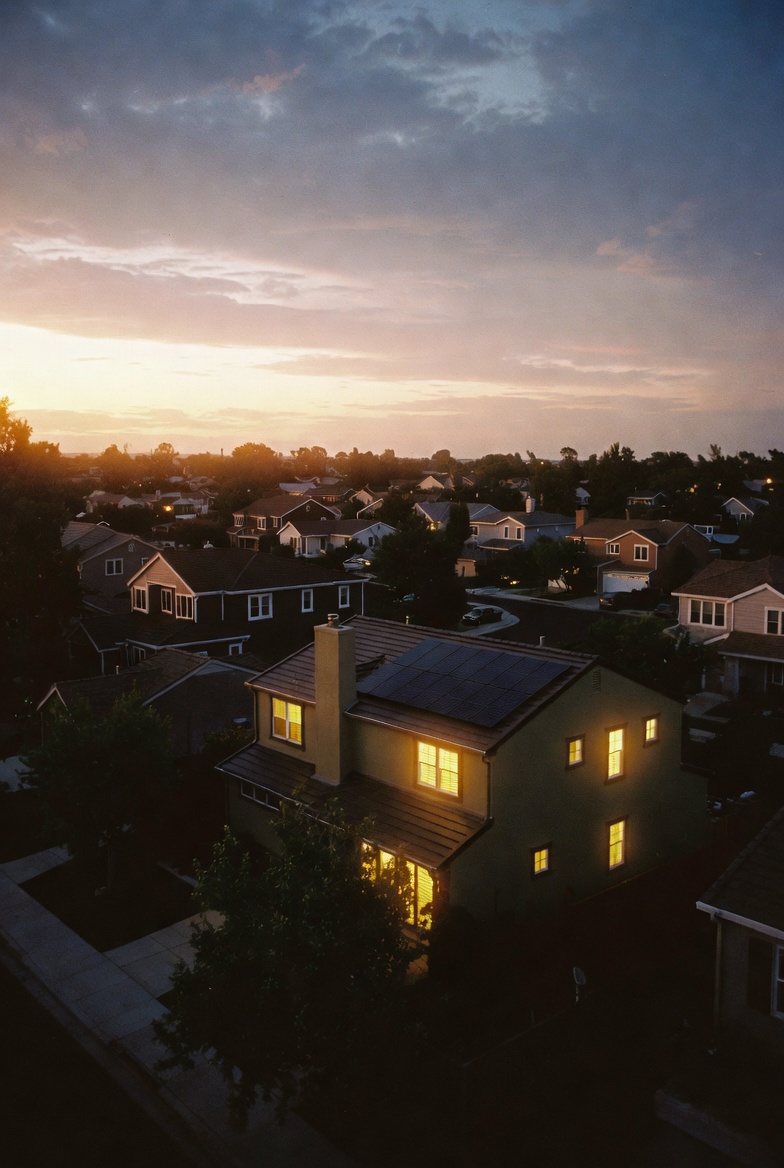 Suburban home with solar panels at twilight