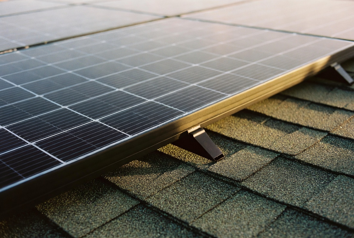 Close-up of matte-black monocrystalline solar panels