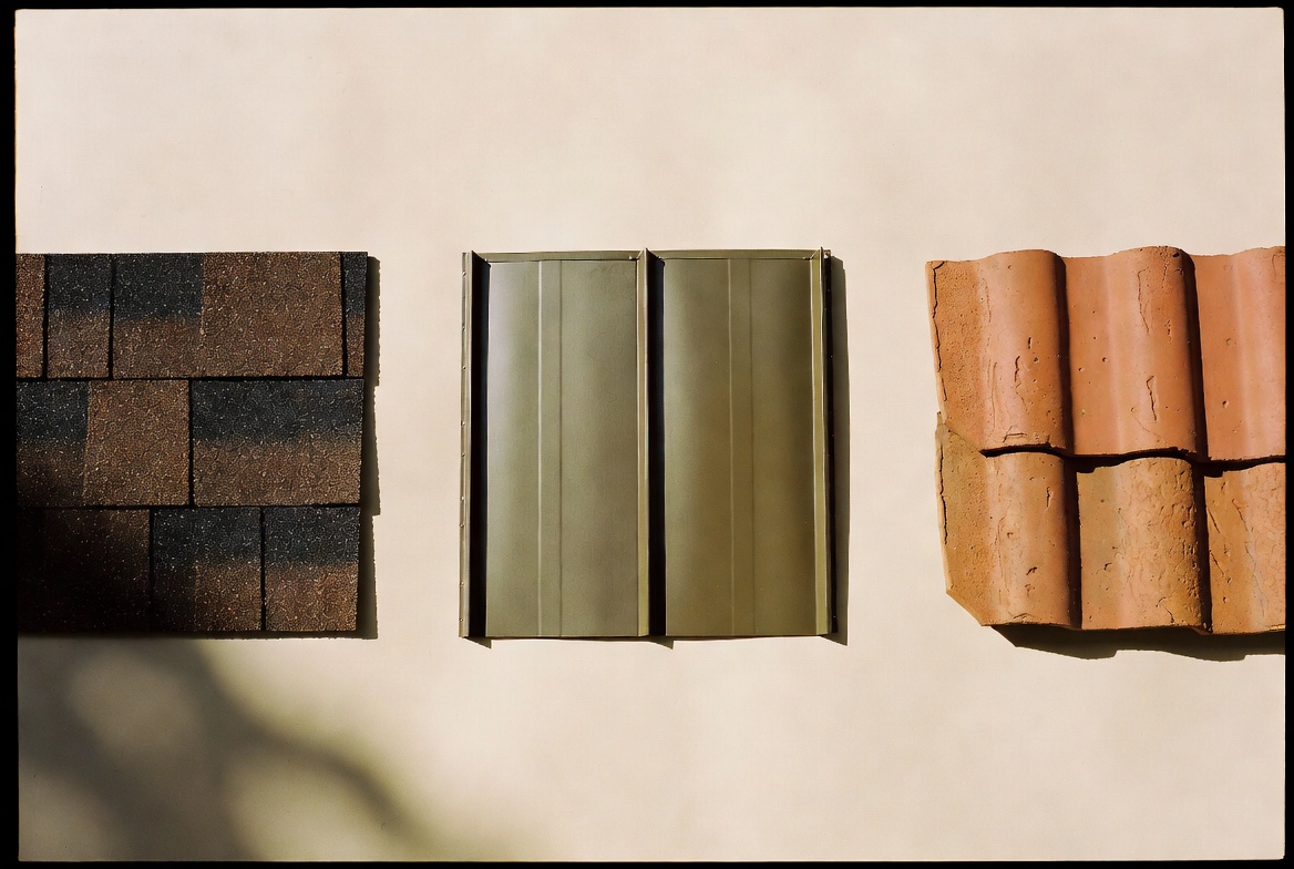 Roof material samples — asphalt, metal, and tile